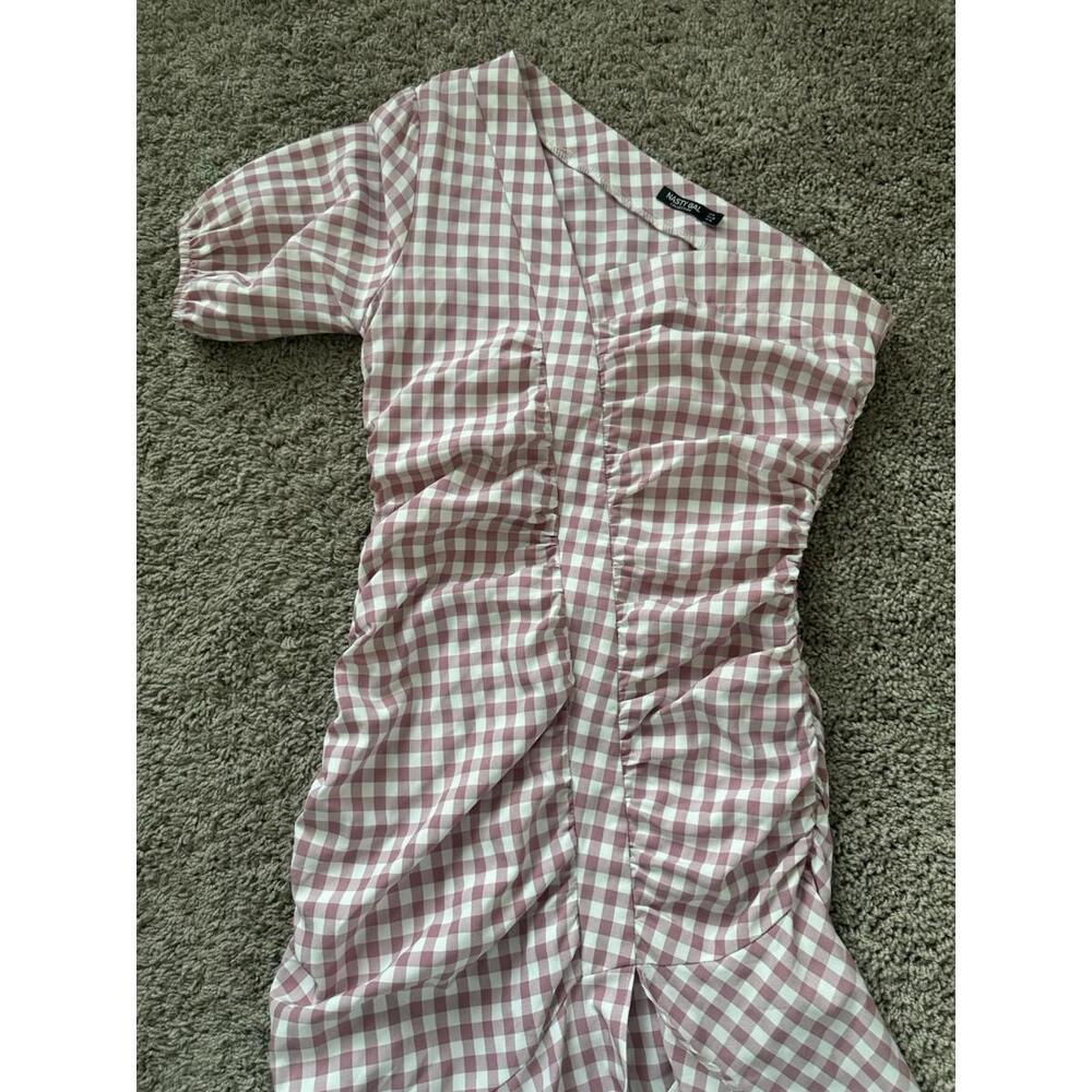 Nasty Gal‎ Pink Gingham Ruched One Shoulder Midi Dress US 6  Summer Slit - Picture 7 of 11